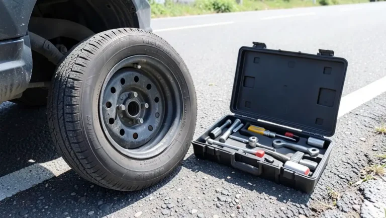 Flat car tire on the road shoulder next to an open tire repair tool case