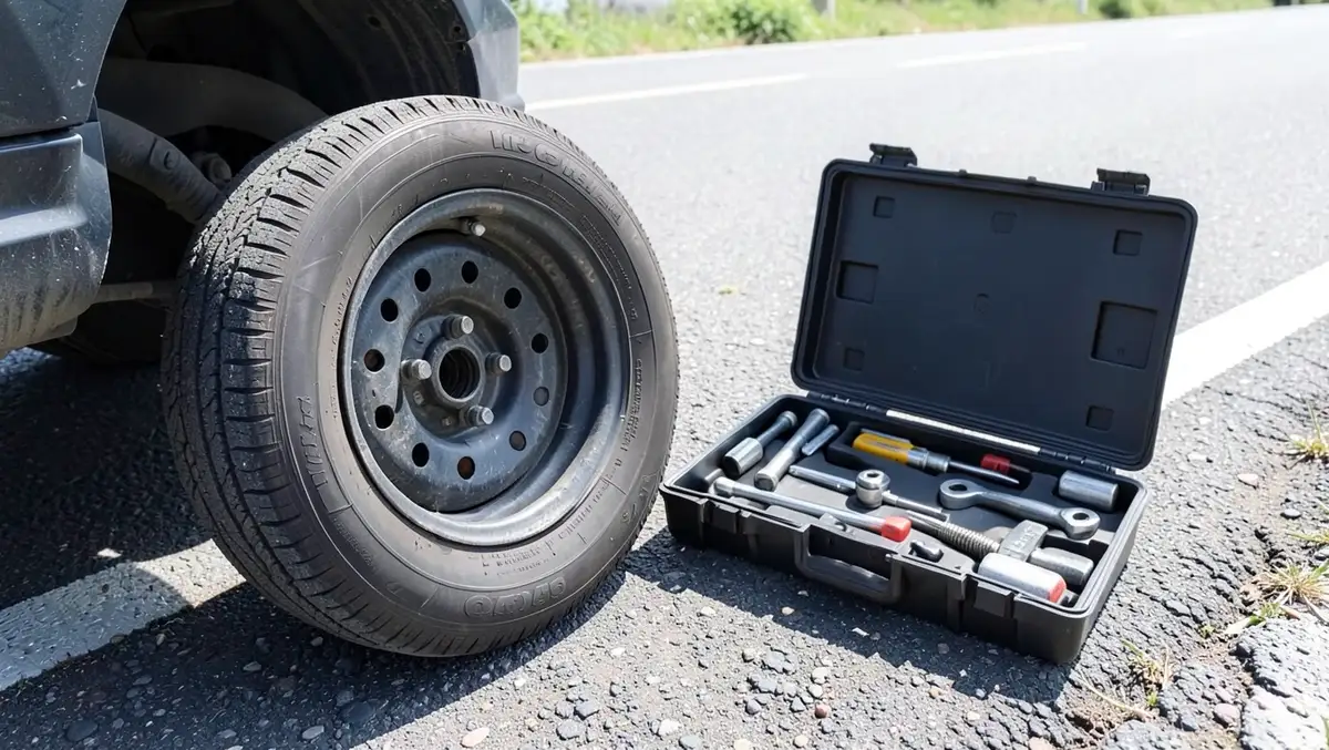 Flat car tire on the road shoulder next to an open tire repair tool case