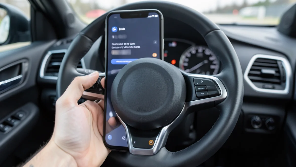 Driver checking a car insurance payment confirmation on a smartphone inside a car