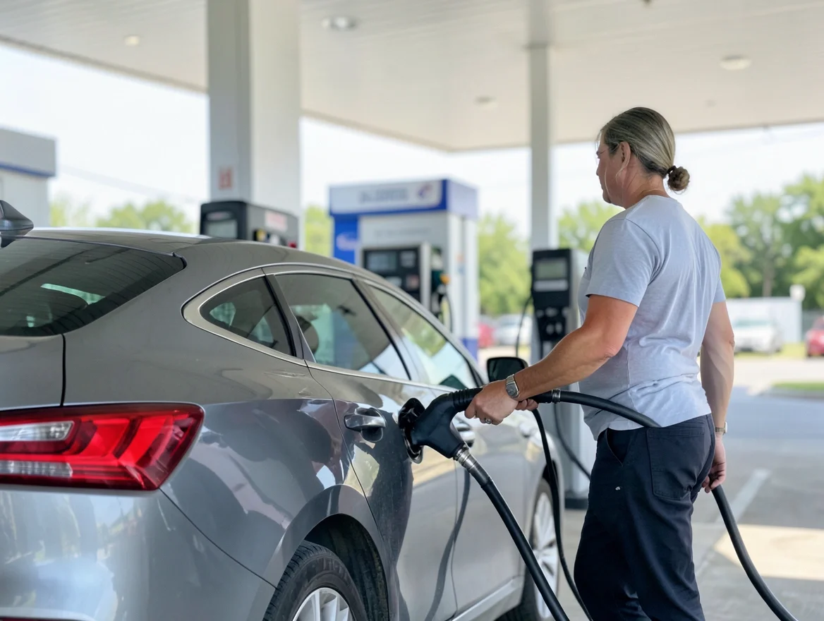 Person fueling a car at a gas station pump