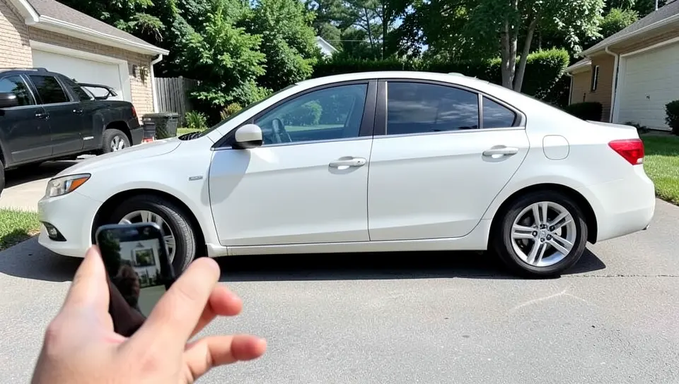 Taking phone photos of a sedan in a driveway to create a car rental listing