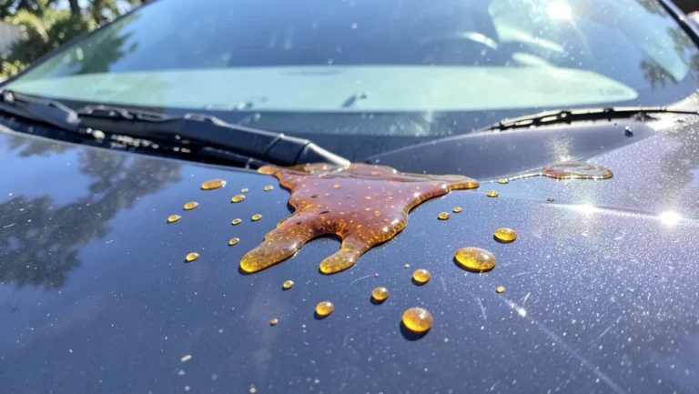 Amber pine sap droplets on a car hood and windshield in sunlight