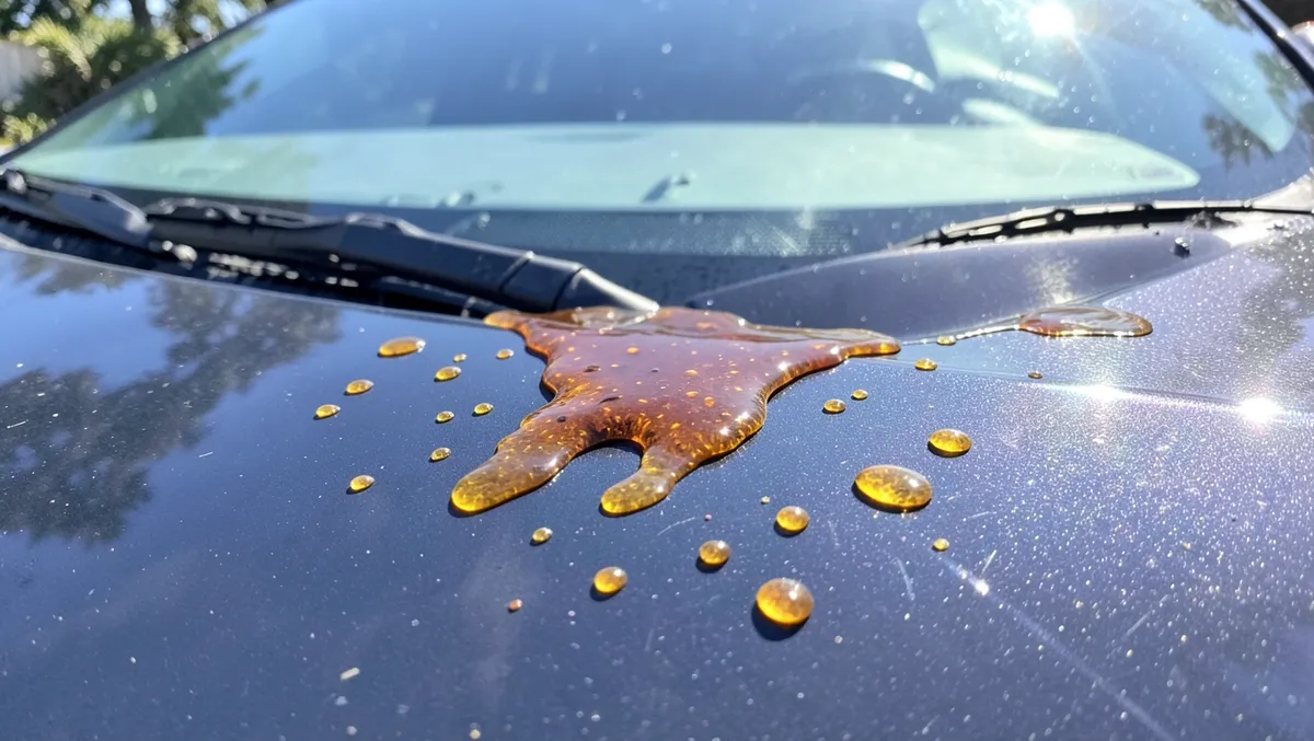 Amber pine sap droplets on a car hood and windshield in sunlight
