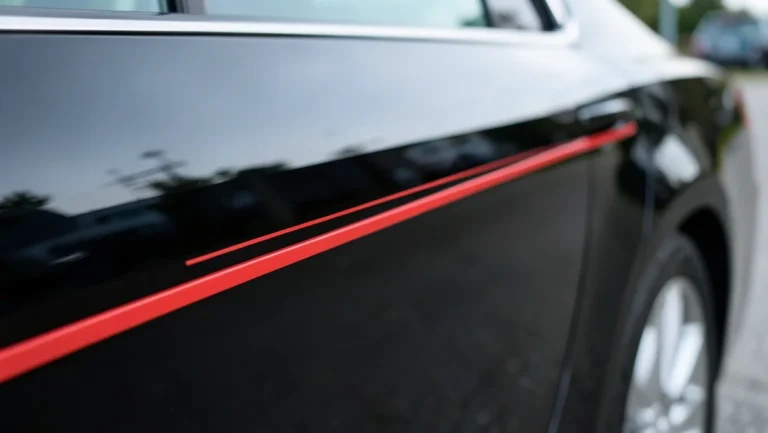 Thin red vinyl pinstriping decal applied along the door crease of a black car