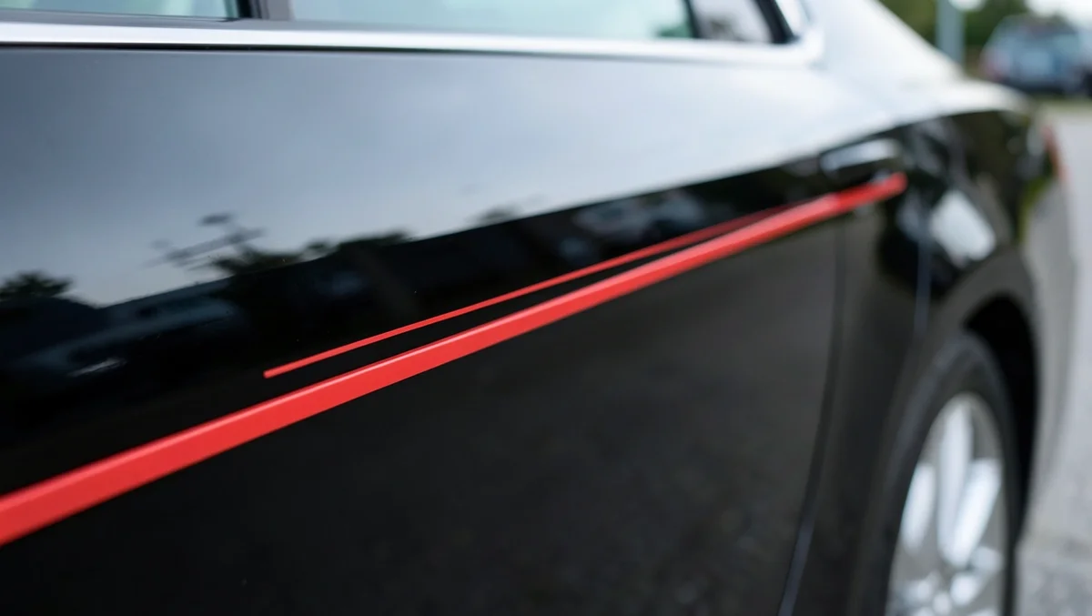 Thin red vinyl pinstriping decal applied along the door crease of a black car