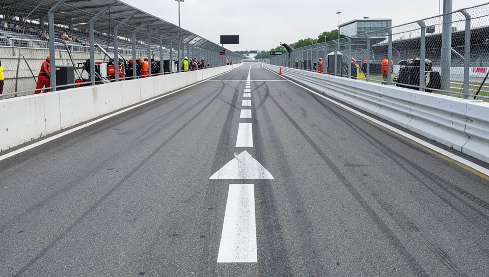 An empty pit lane at a motor racing circuit with a marked speed limit line on the tarmac