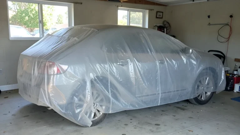 Clear plastic disposable car cover draped over a sedan in a garage for paint overspray and dust protection