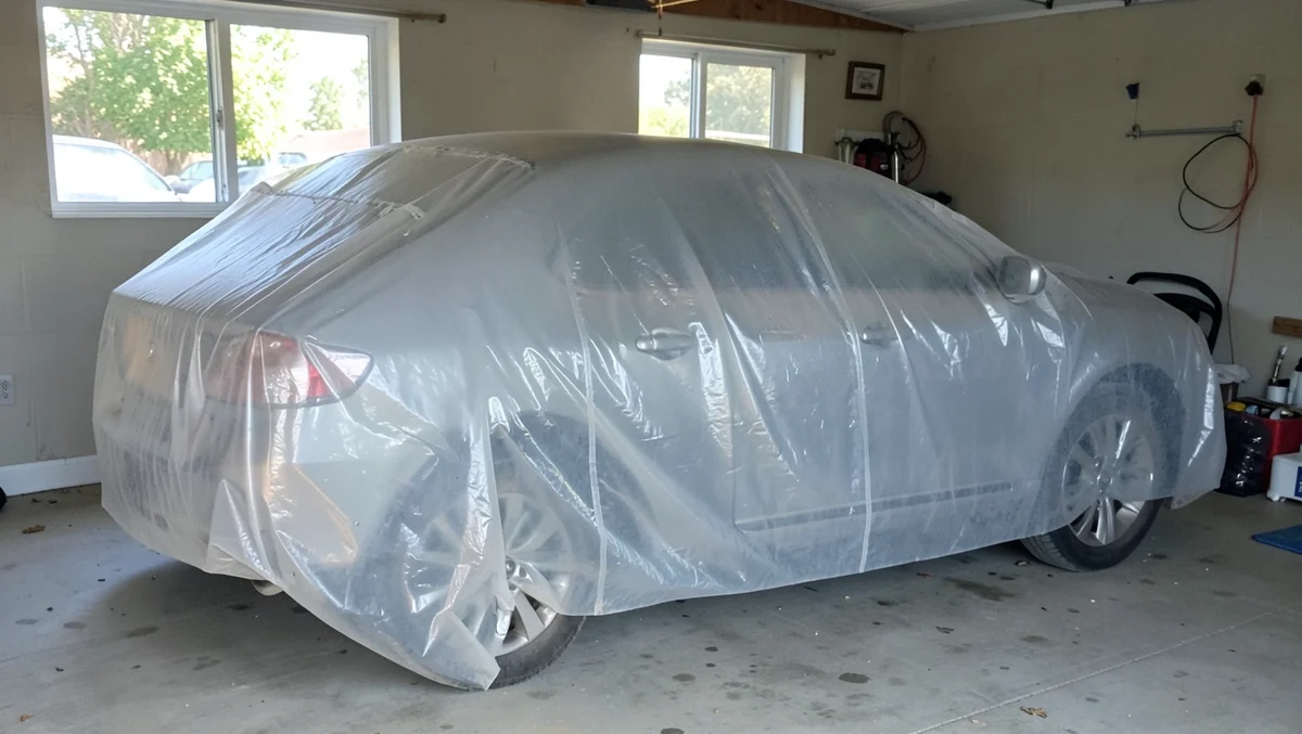 Clear plastic disposable car cover draped over a sedan in a garage for paint overspray and dust protection