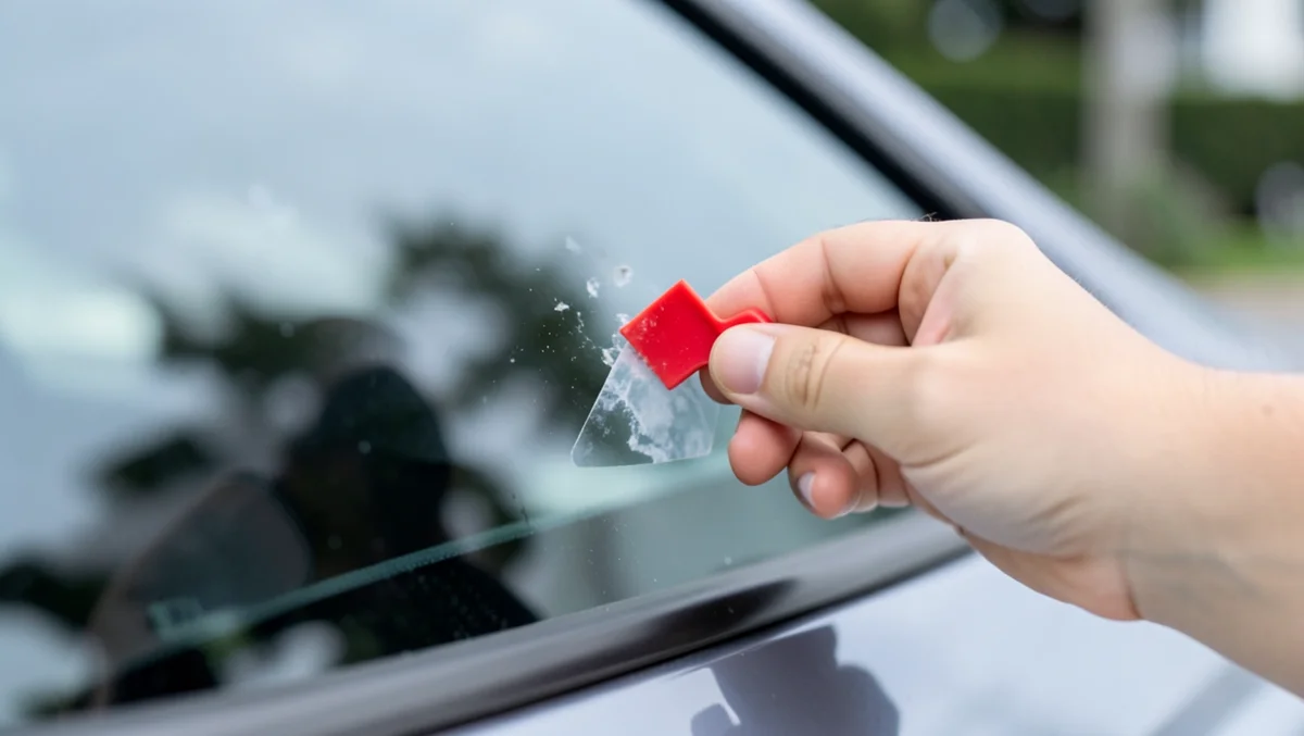 Hand using a red plastic scraper tool to remove adhesive sticker residue from a car window