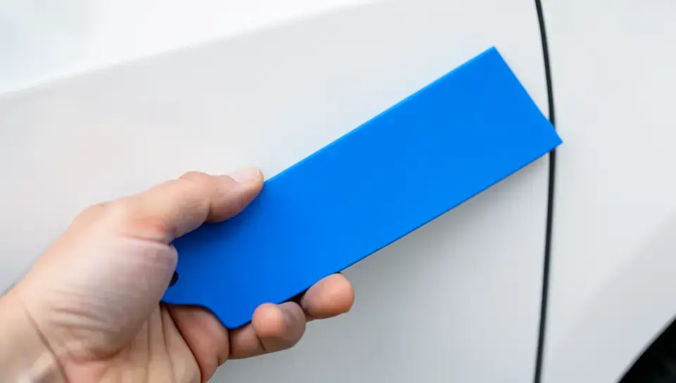 Plastic scraper tool held at a low angle against a car door to safely lift tape residue
