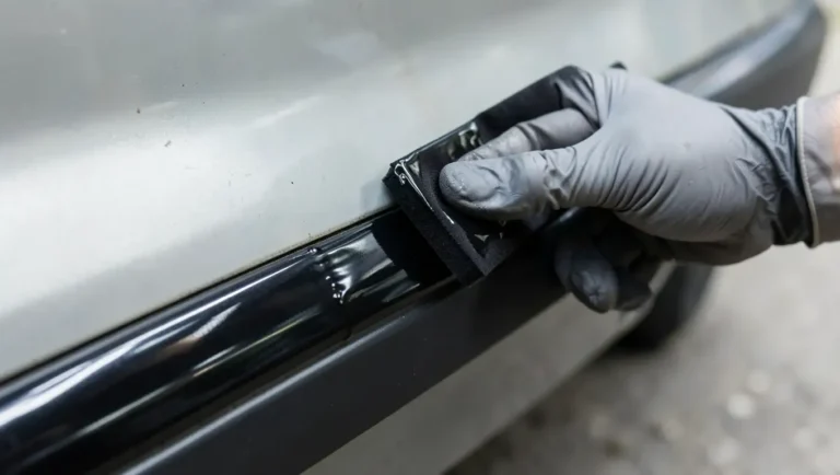 Applying plastic trim restorer with a foam pad to faded black car trim, restoring a deep black finish