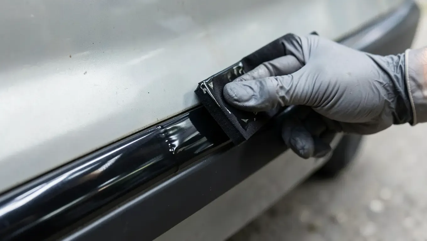 Applying plastic trim restorer with a foam pad to faded black car trim, restoring a deep black finish