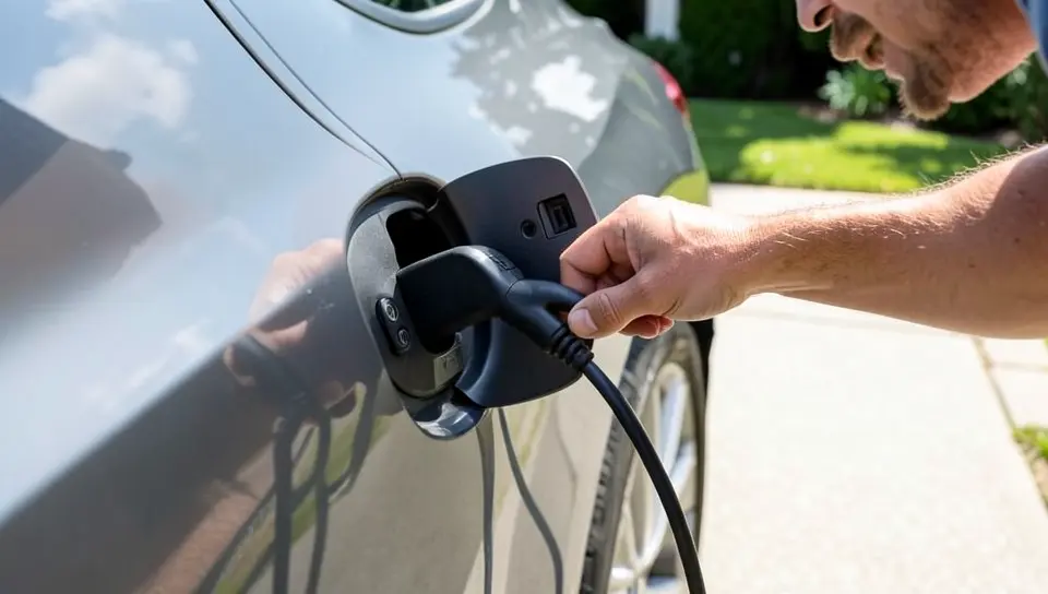 Person plugging a charging cable into a plug-in hybrid car in a driveway