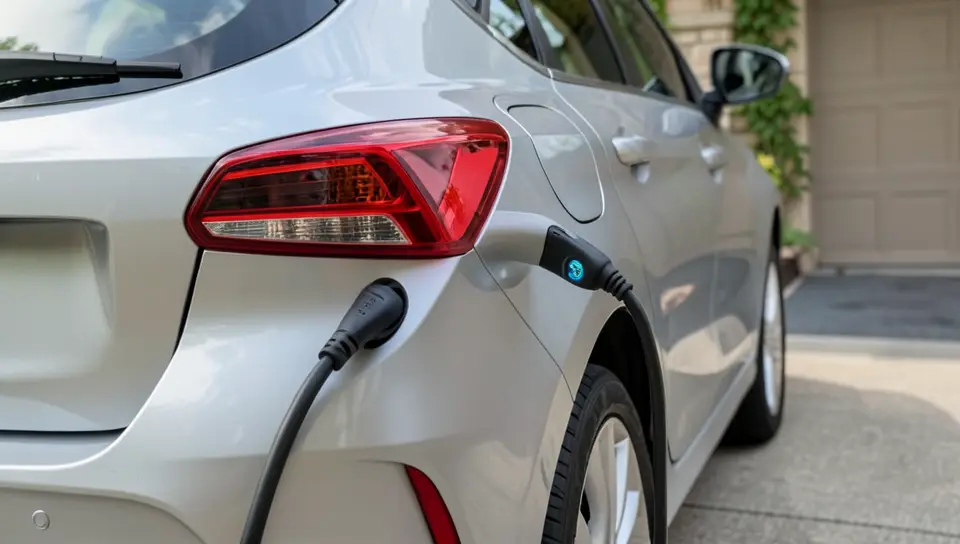 A silver plug-in hybrid car charging at home in a driveway