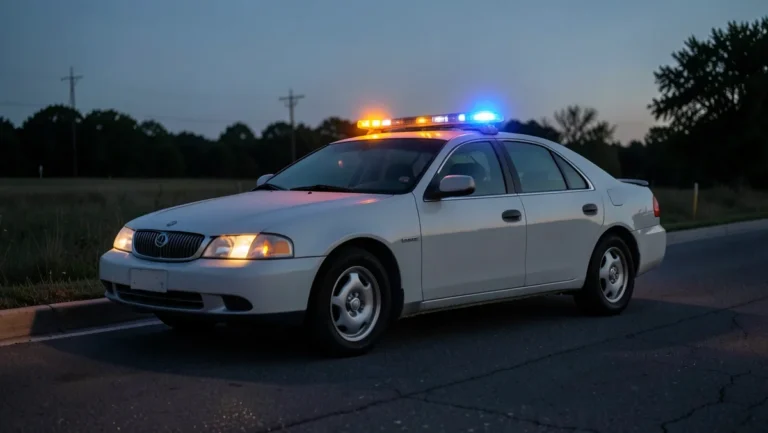 Police patrol car with amber and blue lights active on its roof light bar at dusk