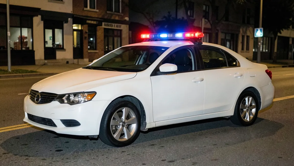 Unmarked police car with red and blue emergency light bar flashing at night