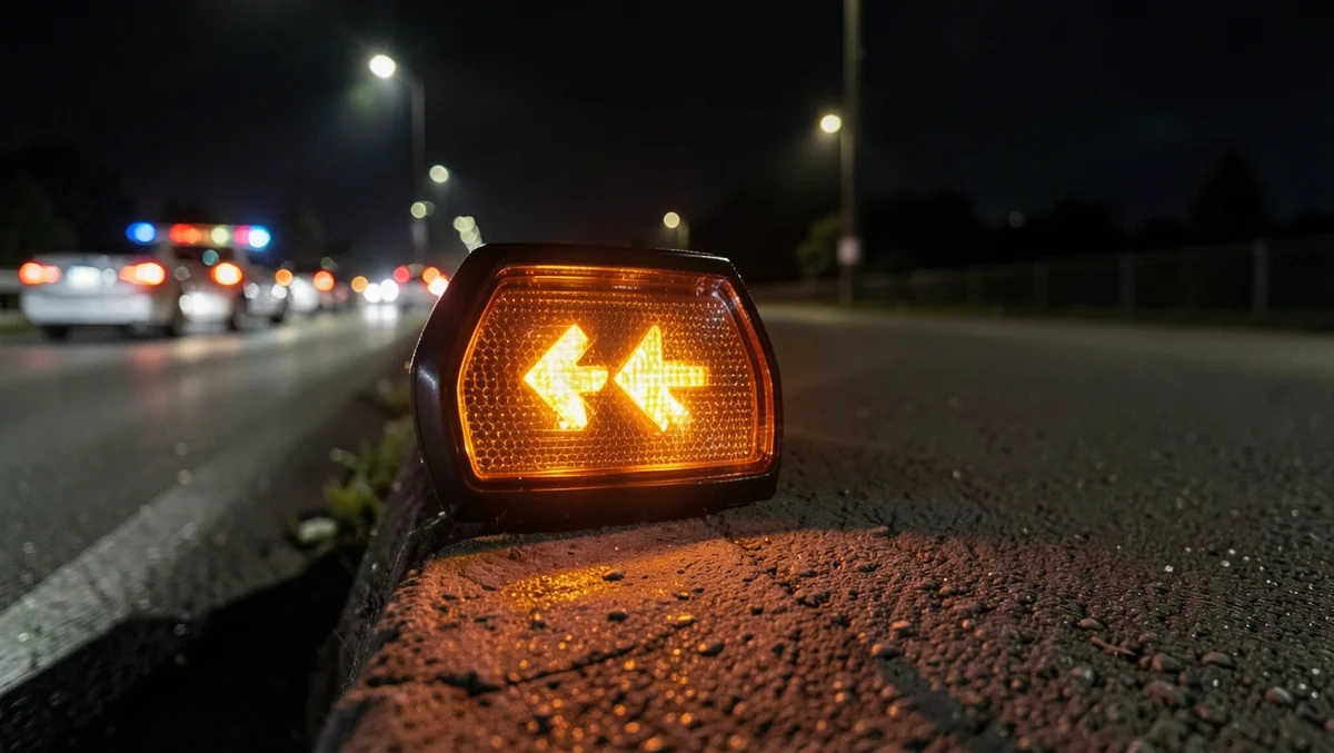 Close-up of a rear-facing amber arrow traffic advisor light directing drivers to merge over at a night scene