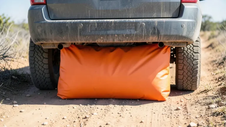 Orange inflatable exhaust air jack lifting bag wedged under the rear of an SUV on a dirt off-road trail