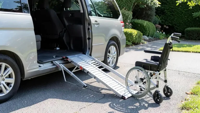 Portable wheelchair ramp deployed from the side door of a minivan onto a driveway with a wheelchair positioned at the base