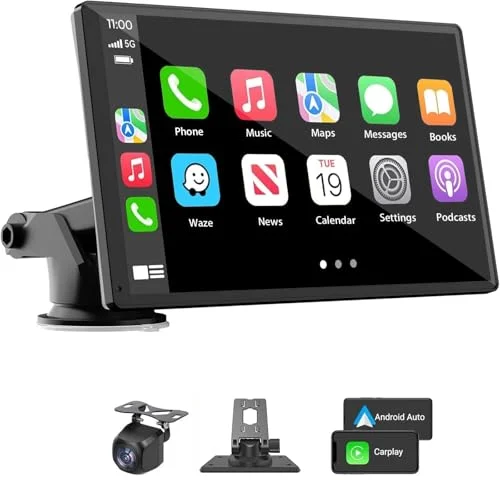 Portable wireless CarPlay and Android Auto car stereo with 7 inch HD touchscreen