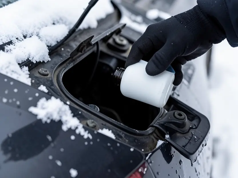Gloved hand pouring a fuel additive bottle into a car gas tank filler neck in the snow