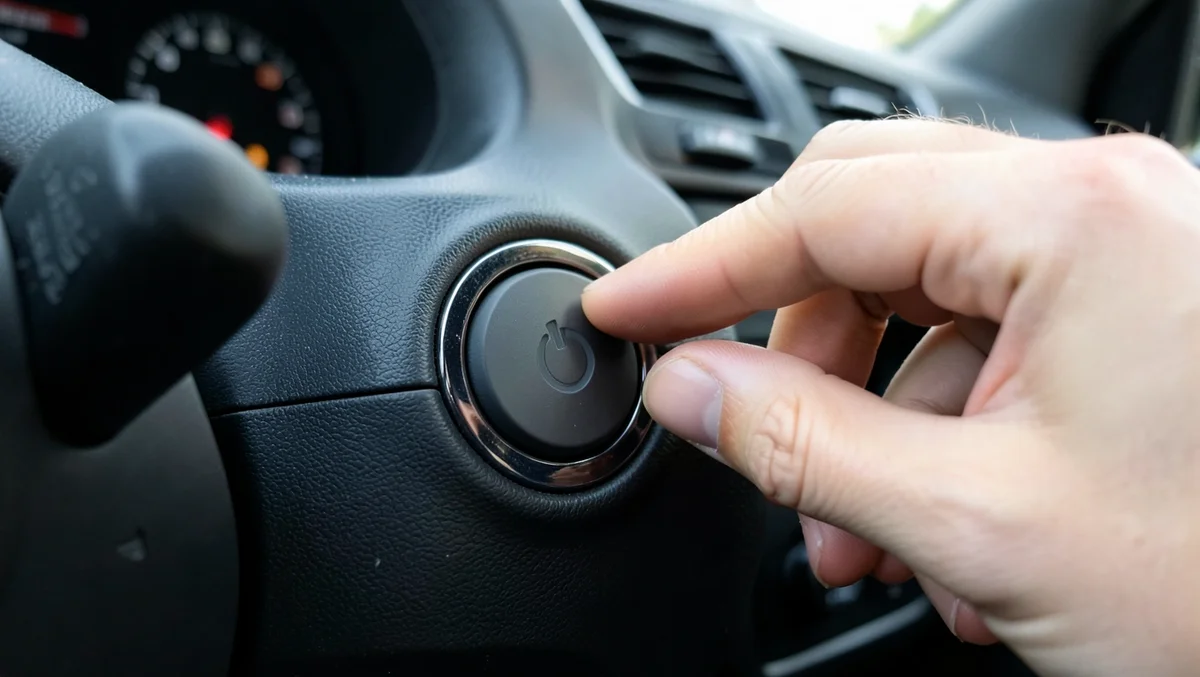 Finger pressing a push-button start button on a car dashboard, used with keyless ignition and electronic steering lock systems