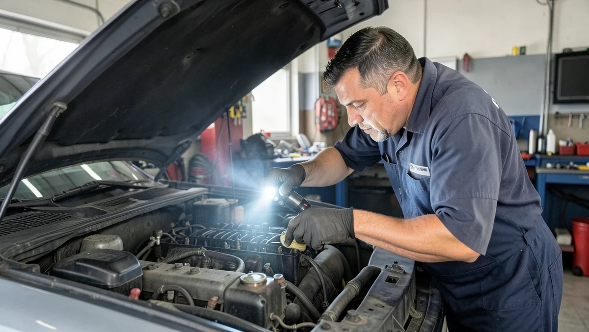 Mechanic inspecting an open car engine bay with a flashlight while diagnosing a recurring defect