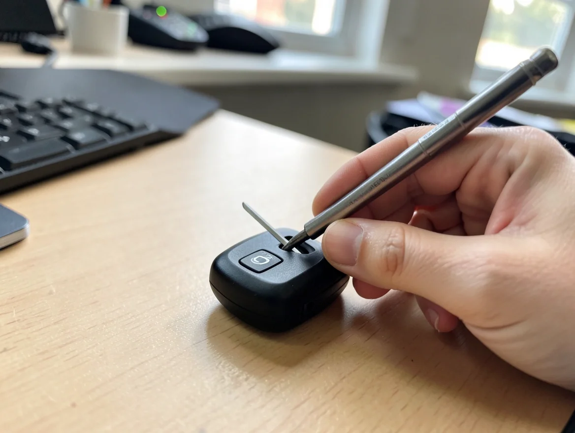 Hand using a small precision screwdriver to pry open a car key fob case