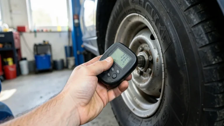 Mechanic checking car tire pressure with a digital PSI gauge