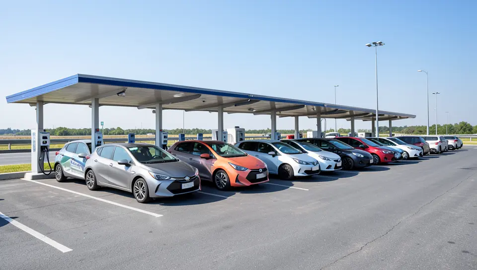 A row of public electric vehicle fast-charging stalls with several different car brands plugged in