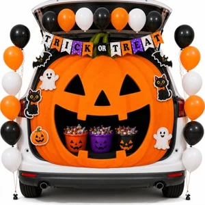 Pumpkin Trunk or Treat car decoration kit with balloons, banner, and cutout pumpkin faces for an SUV trunk
