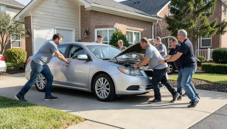 Several people pushing a silver sedan car by hand across a residential driveway with no key in the ignition