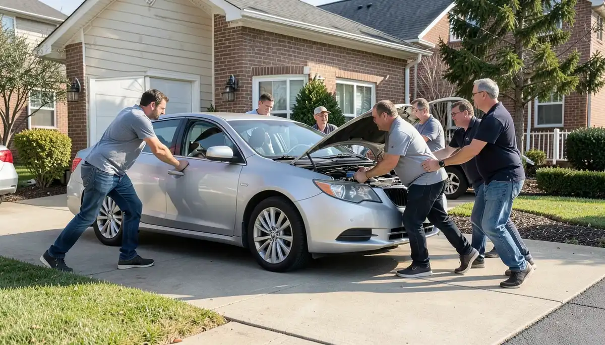 Several people pushing a silver sedan car by hand across a residential driveway with no key in the ignition
