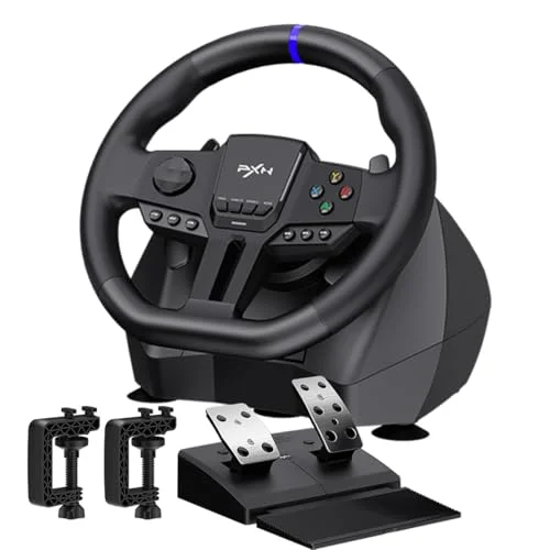 PXN V900 GEN2 sim racing wheel with pedals, paddle shifters, and desk mounting clamps