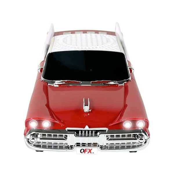 QFX BT-1959 retro classic car shaped Bluetooth speaker, red, front view