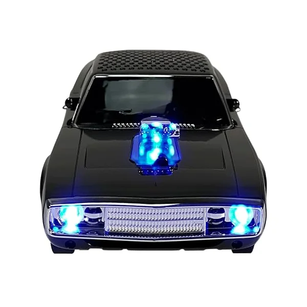 QFX BT-1968 retro muscle car shaped Bluetooth speaker, black, front view