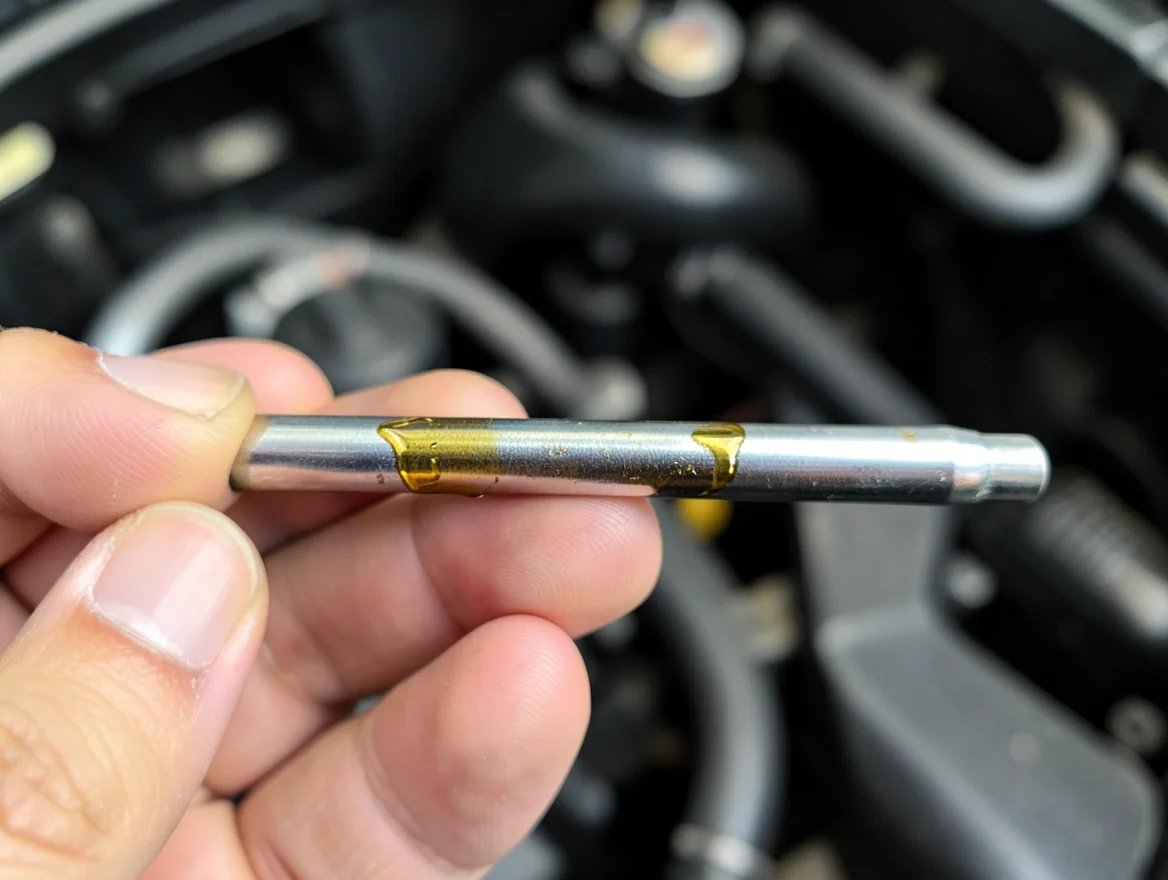 Close-up of an engine oil dipstick coated with oil, held for a level check