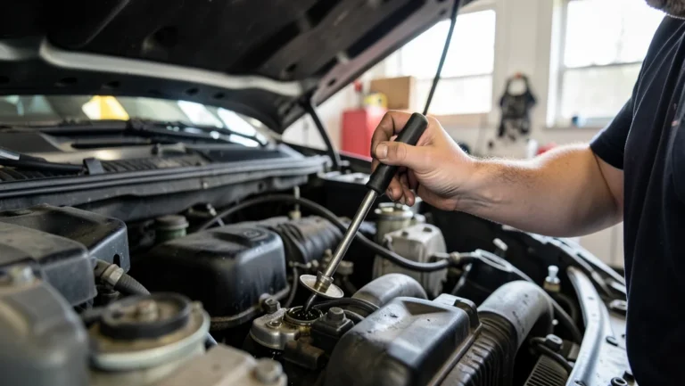 Mechanic checking a car's engine oil level with a dipstick under an open hood