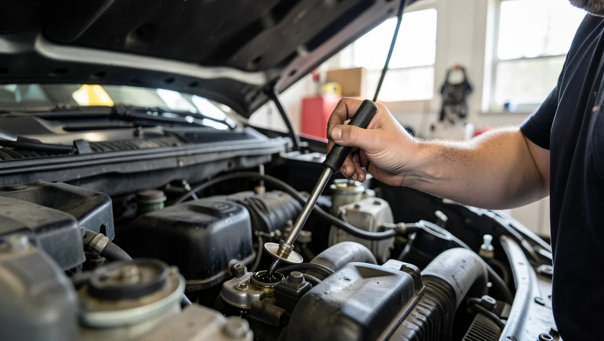 Mechanic checking a car's engine oil level with a dipstick under an open hood