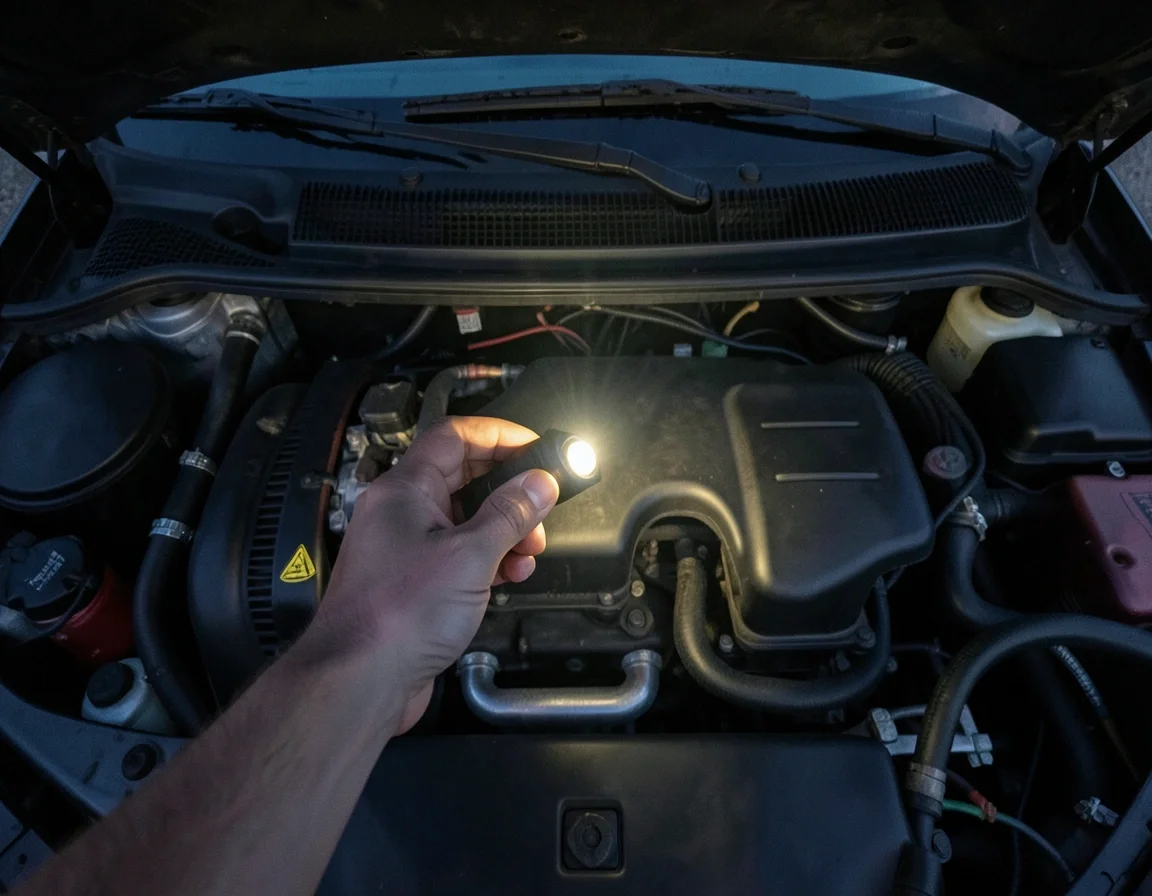 Using a flashlight to check under the hood of a car in low light