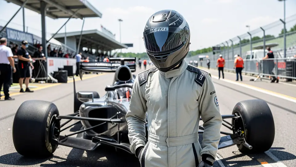Professional race car driver in a fireproof racing suit standing beside an open-wheel race car in pit lane