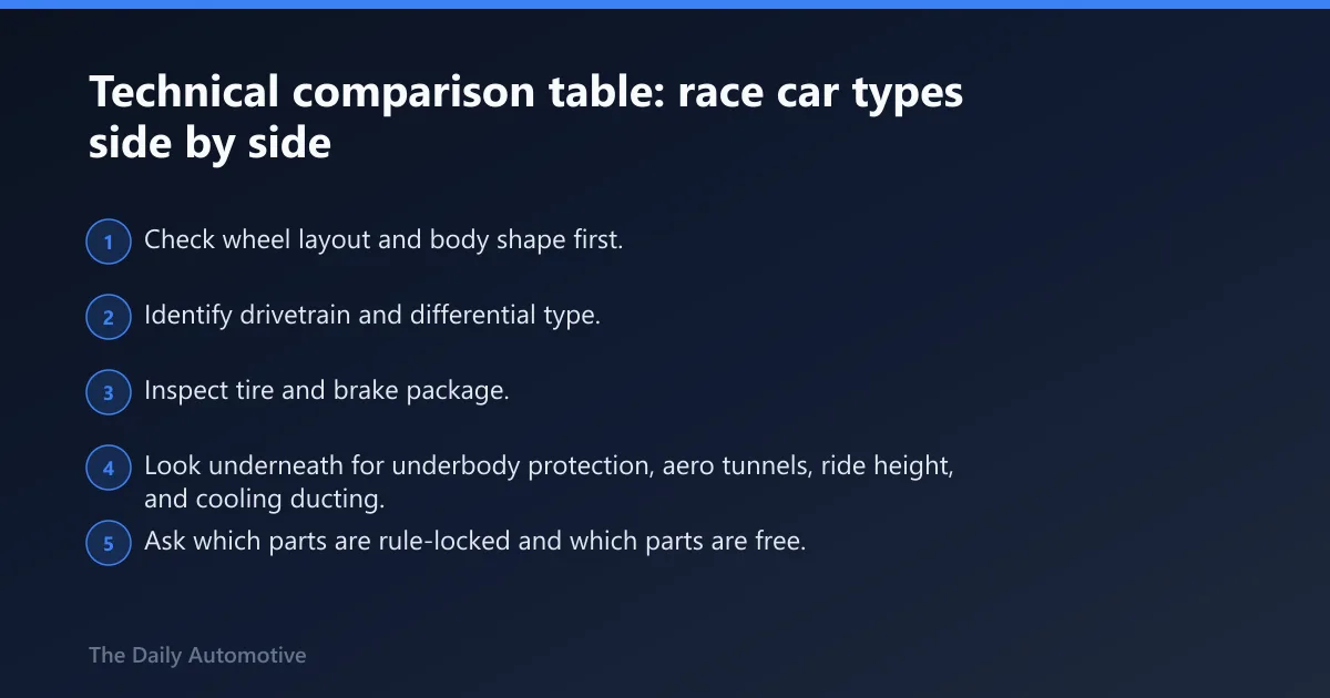 Steps: Technical comparison table: race car types side by side