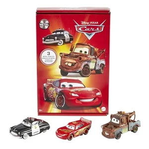 Radiator Springs 3-pack die-cast toy cars featuring Lightning McQueen, Mater, and Sheriff