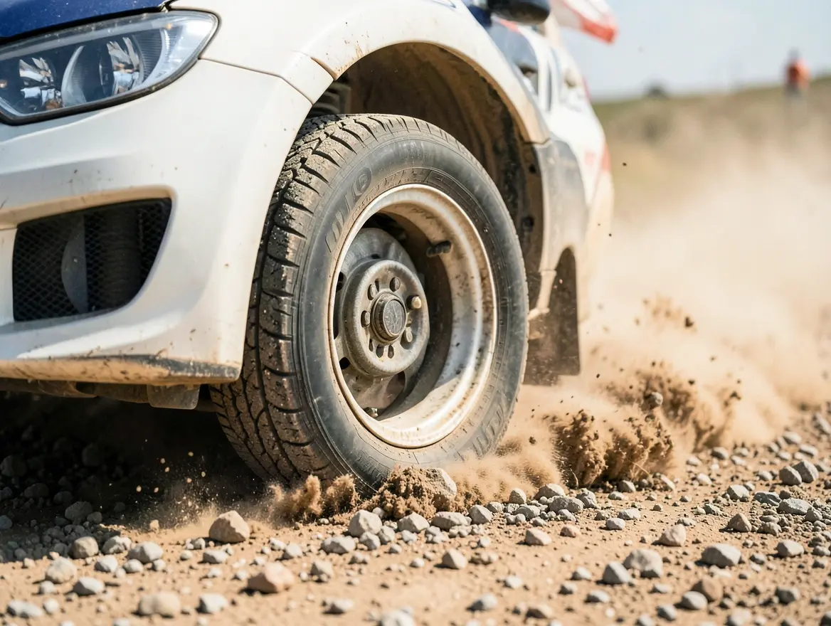 Close-up of a rally car's front wheel digging into loose gravel with dust spraying from the tire