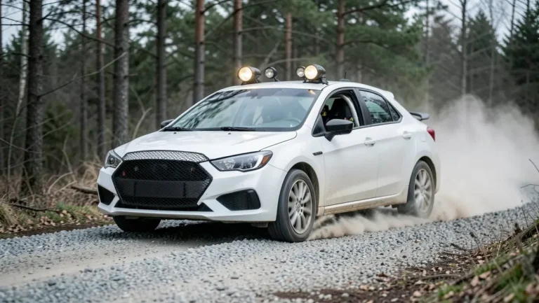 White rally car with roof spotlights and roll cage powering sideways through a gravel forest corner, kicking up dust