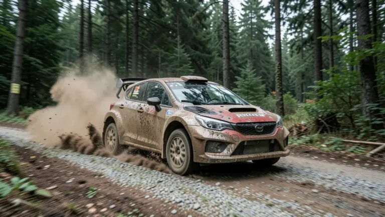 A mud-covered rally car powering through a gravel forest stage