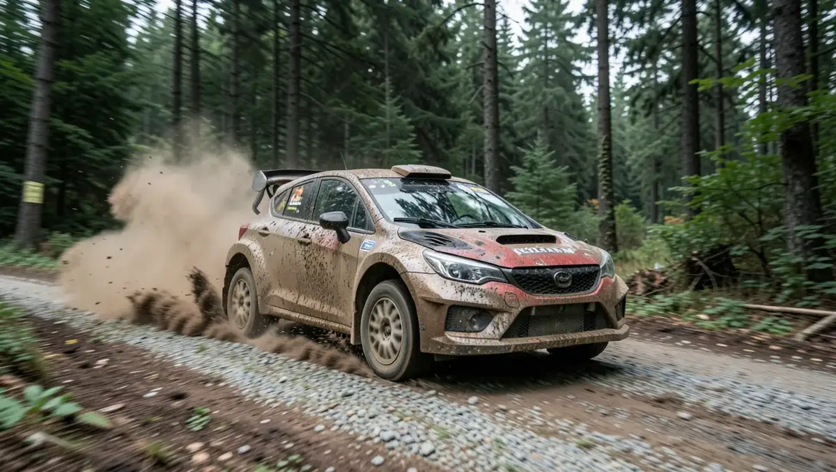 A mud-covered rally car powering through a gravel forest stage