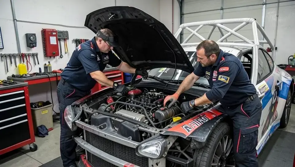 Mechanics working on a rally car engine bay in a garage workshop