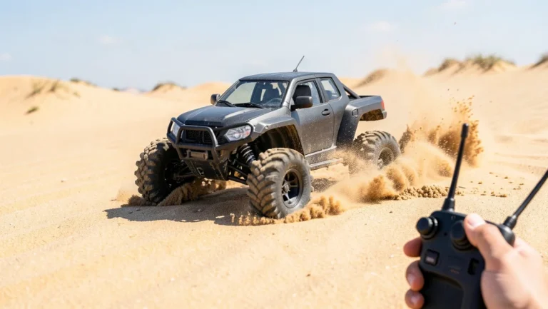 RC off-road buggy fitted with paddle tires kicking up sand while being driven with a remote control transmitter