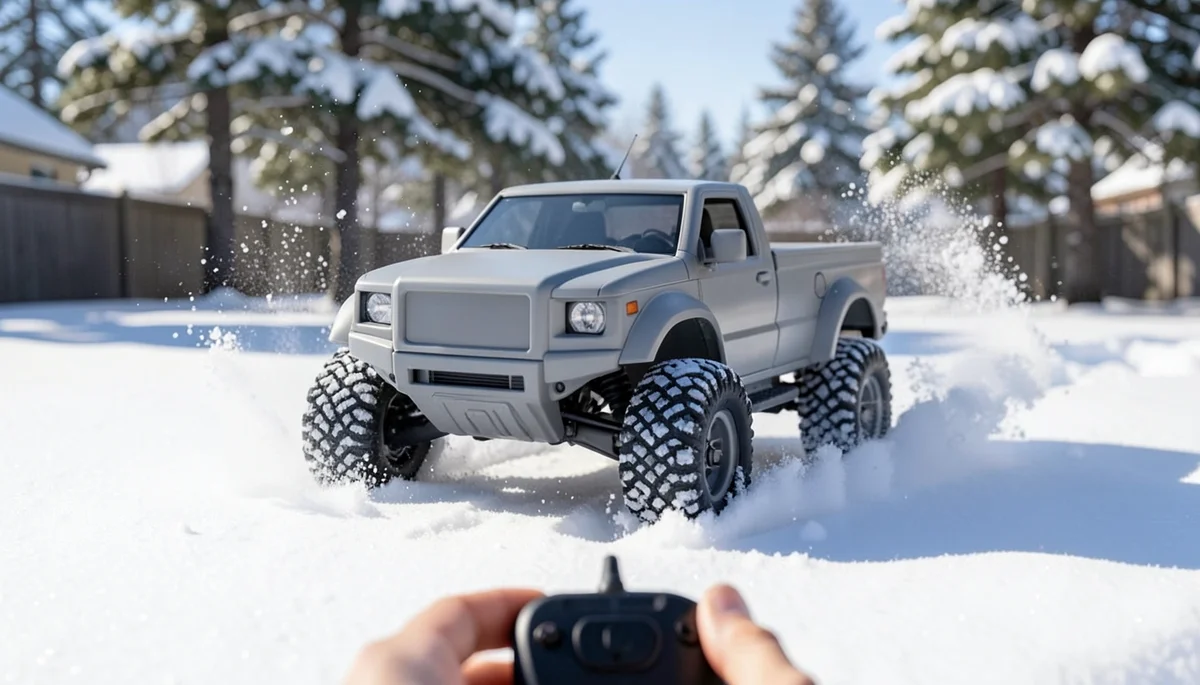 Small scale RC truck fitted with paddle tires driving through snow while an operator controls it with a remote transmitter